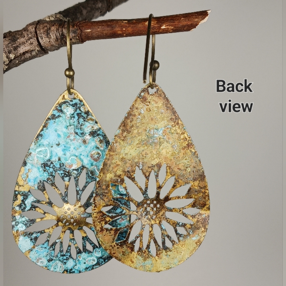 HAND CRAFTED EARRINGS Brass Turquoise Patina Flower Dangle Drop - Picture 6 of 8